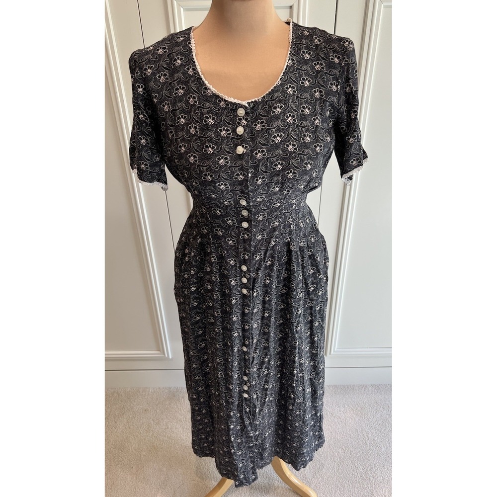 Vintage Erika 90s Blue Floral Print Button Front Tie Back Midi Dress Cottagecore